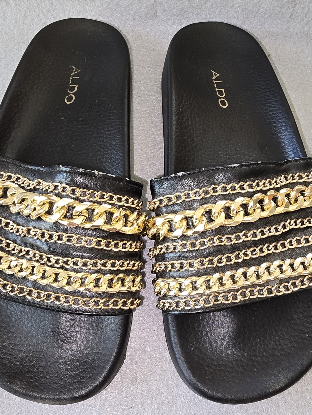 ALDO Black Slide Sandals with Gold Chain Straps